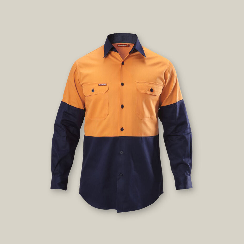 Hard Yakka Hi-Vis 2 Tone L/S Cotton Drill Work Shirts